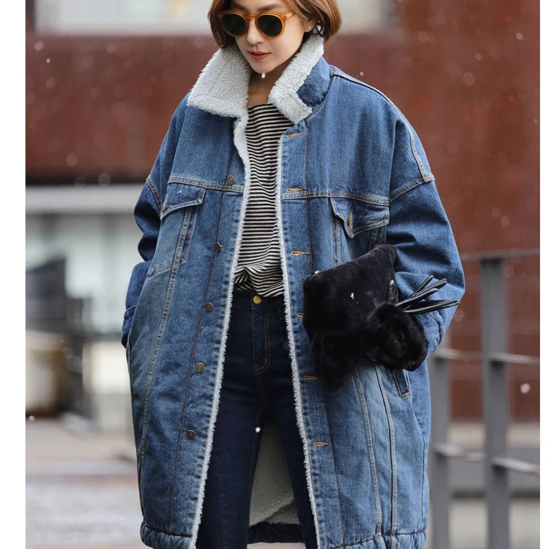 Ретро Женская флис толстый длинный джинсы пальто зима большой лацкан Подкладка