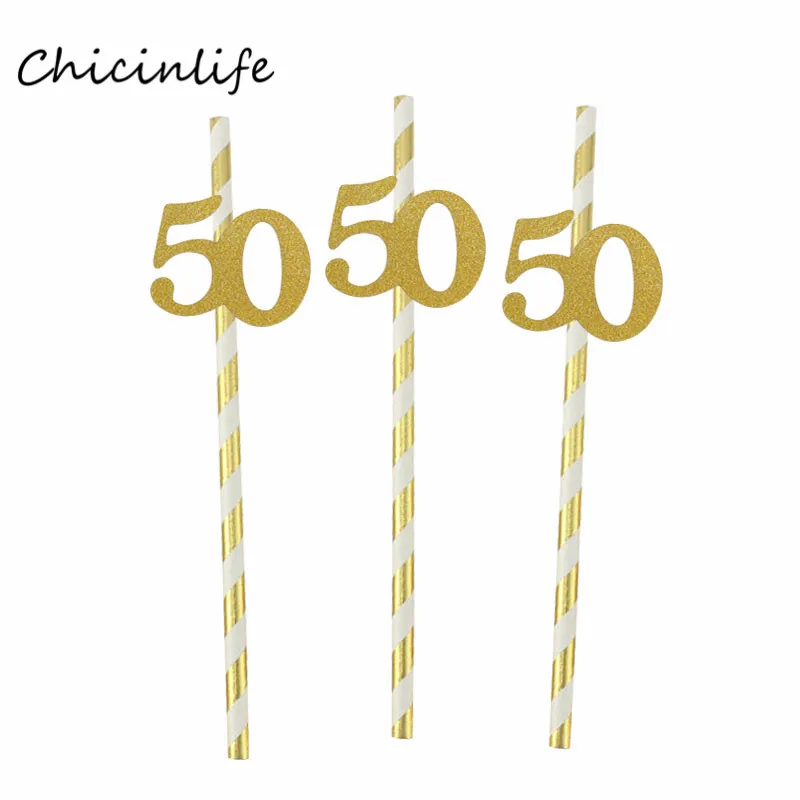 gold 50 Chicinlife 10 шт. бумажные соломы с номером 30 40 50 60 юбилейные соломинки для напитков 30th 40th 50th 60th День рождения украшения - Цвет: gold 50