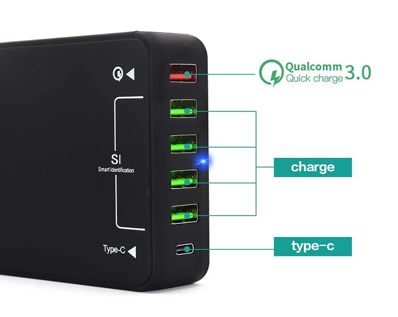 USB зарядное устройство 60 Вт QC 3 0 Тип C настольное устройство: 6 портовая зарядная