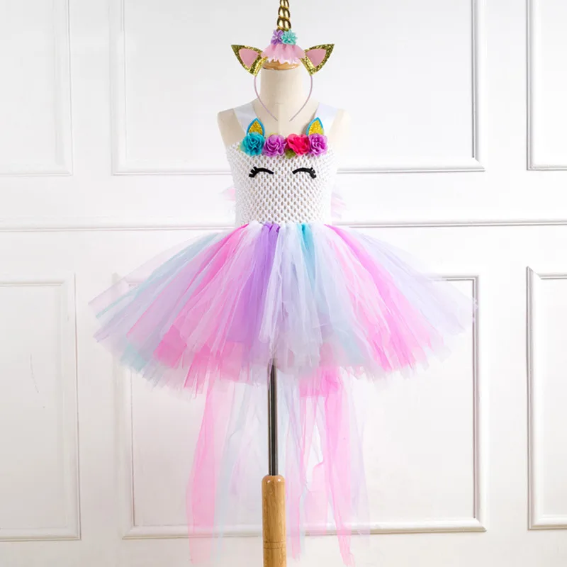 

Flower Girls Unicorn Tutu Dress Pastel Rainbow Princess Girls Birthday Party Dress Children Kids Halloween Unicorn Costume 2-12Y