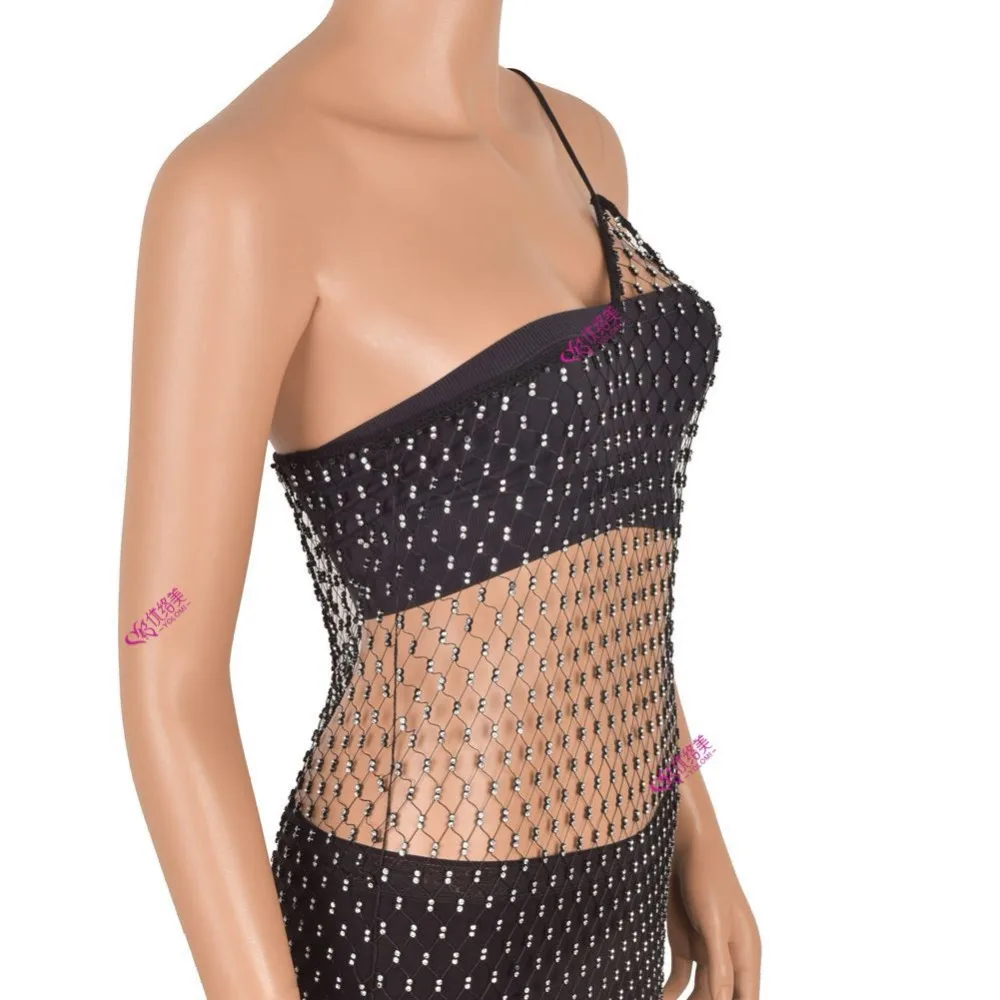 YOLOMI женские макси платья плюс размеры черная сетка Стразы Bodycon платье без рукавов