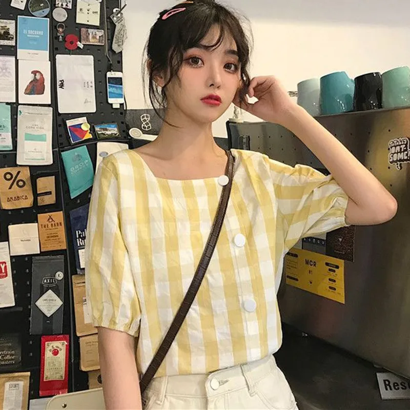 

Fashion Women's Simple Shirts Loose Square Collar Short Sleeve Plaid Print Buttons Basic Ladies Summer Blouse