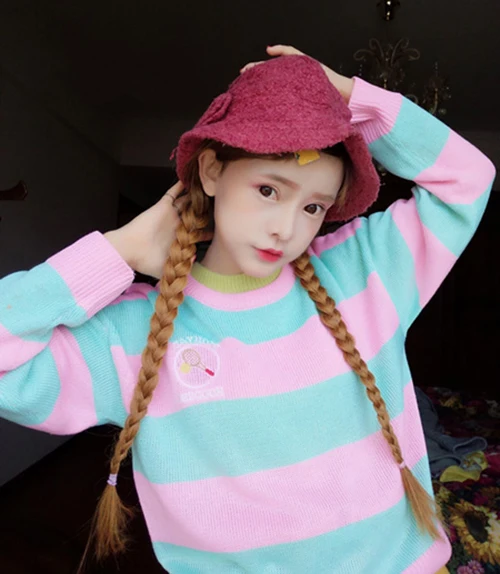 

Girls Harajuku Macaroon Colors Embroidery Stripe Loose Long Sleeve Sweater moe