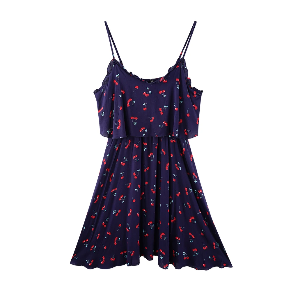 

Women Sweet Cherry Print A-line Dresses V-neck Sleeveless Backless Loose Midi Dress Ladies Vestidos Spaghetti Strap Robes Femme