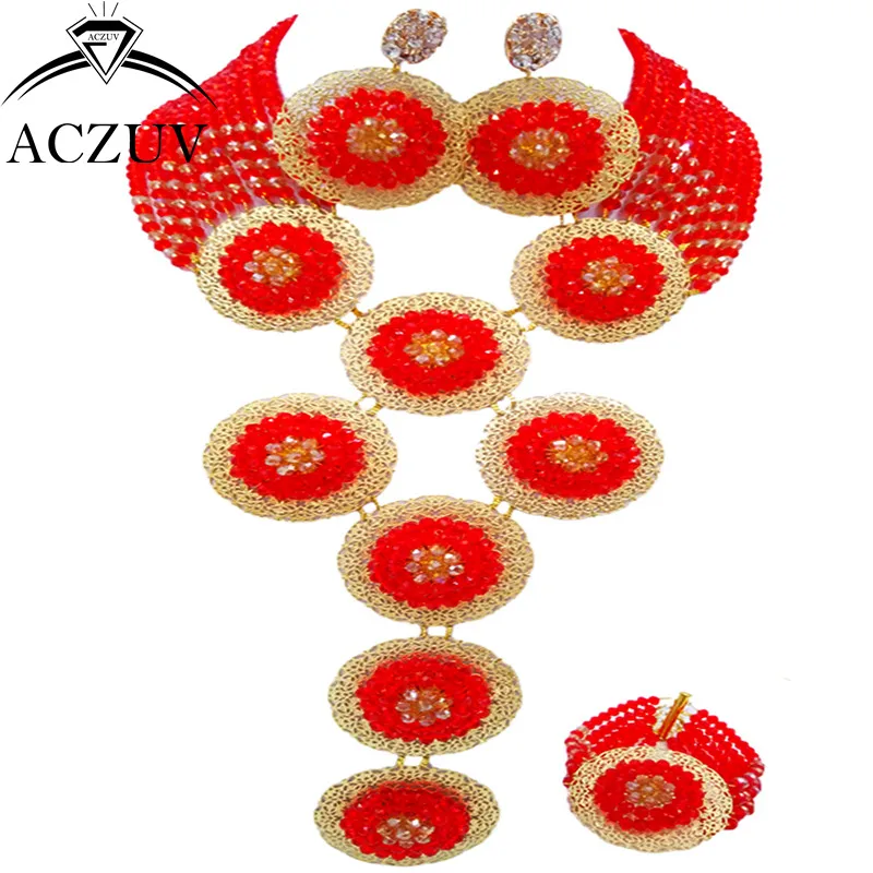 Брендовый Африканский ювелирный набор из красного и золотого Дубая, ожерелье, серьги, браслет для нигерийской свадьбы, A10R015