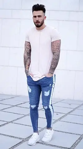 

2019 New Spring Summer Fashion Knee Hole Zipper Skinny Slim Distressed Jeans Men Ripped Hiphop Stripe Streetwear Pencil Pants