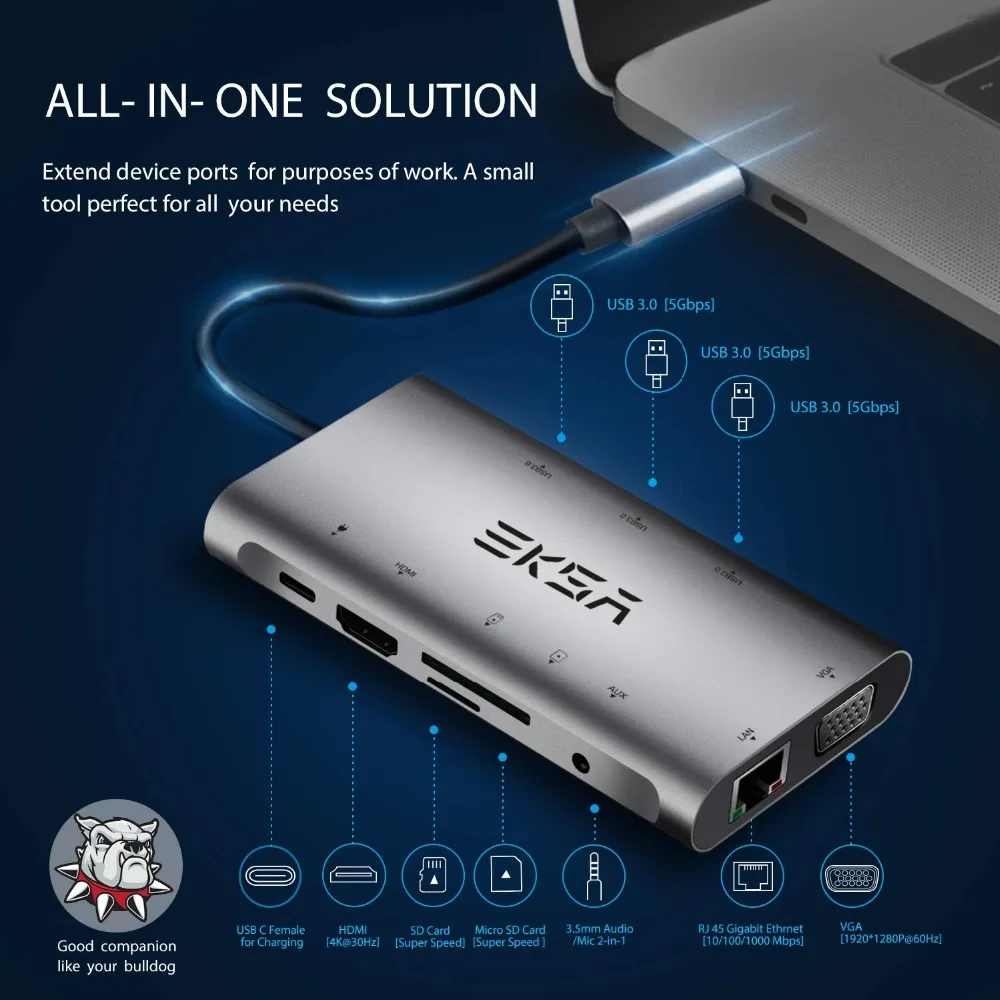 EKSA usb-хаб 10 в 1 type C концентратор 3,0 с 3 портами USB 3,0, 4K HDMI, 1080P VGA, RJ45, 3,5 мм разъем, кардридер для huawei P20 Pro