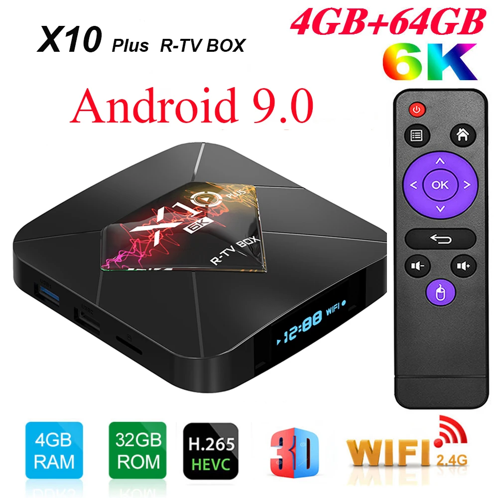 

Приставка Смарт-ТВ X10 Plus, Android 9,0, Wi-Fi 2,4 ГГц, 4 + 32/64 ГБ, USB3.0