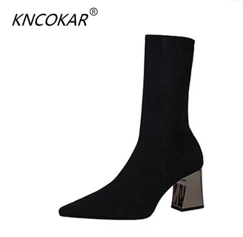 Модные и простые женские сапоги KNCOKAR на толстом каблуке высоком облегающие