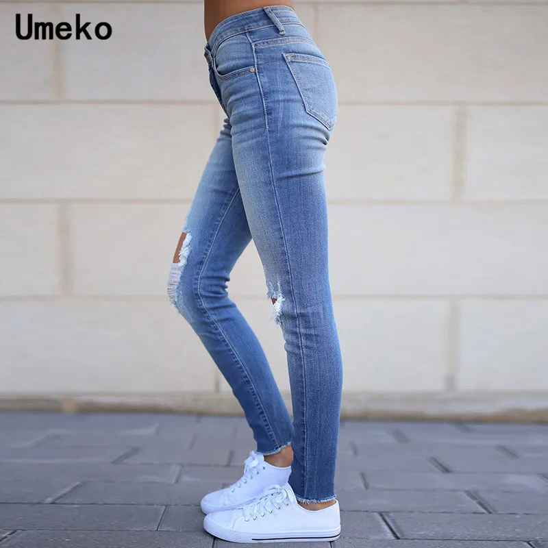 Женские джинсы с высокой талией Umeko Синие рваные Стрейчевые длинные брюки осень
