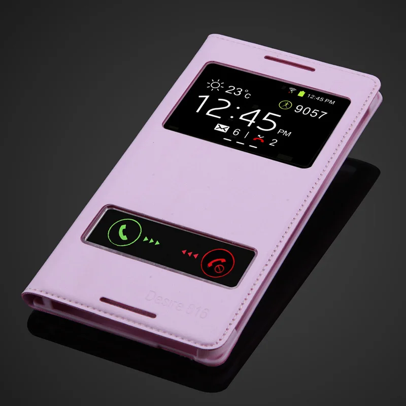 Розовый Роскошный чехол-держатель для телефона htc Desire 816 800 D816W 816G 816t A5 двойной кожаный чехол-книжка с двойным окошком обзора - Цвет: Розовый