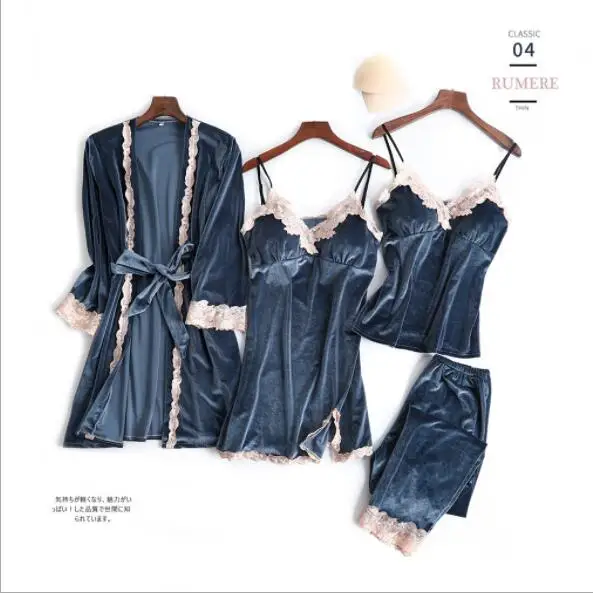 Women Spring Pajamas Set Pijama Sexy Home Suit Female Gold Velvet 4 Piece Sleepwear Pyjama Femme Tracksuit Night Fdfklak | Женская
