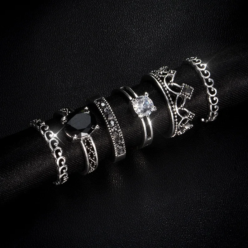 6 шт. кольца в стиле Бохо из черного камня для женщин антикварное серебряное