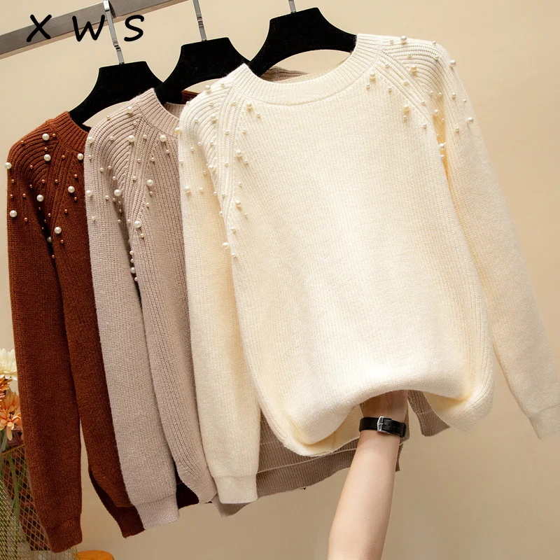 Autumn winter 2018 women sweaters and pullovers bead lantern sleeve knitted sweater pullover female grey slim jumpers | Женская одежда