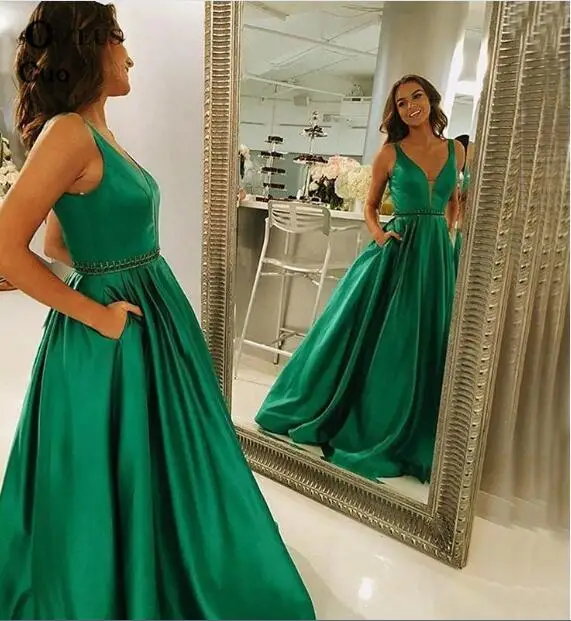 Vestidos de fiesta ТРАПЕЦИЕВИДНОЕ атласное элегантное платье для выпускного вечера с бисером на талии длинное Vestido formatura женское торжественное платье вечернее платье - Цвет: Зеленый
