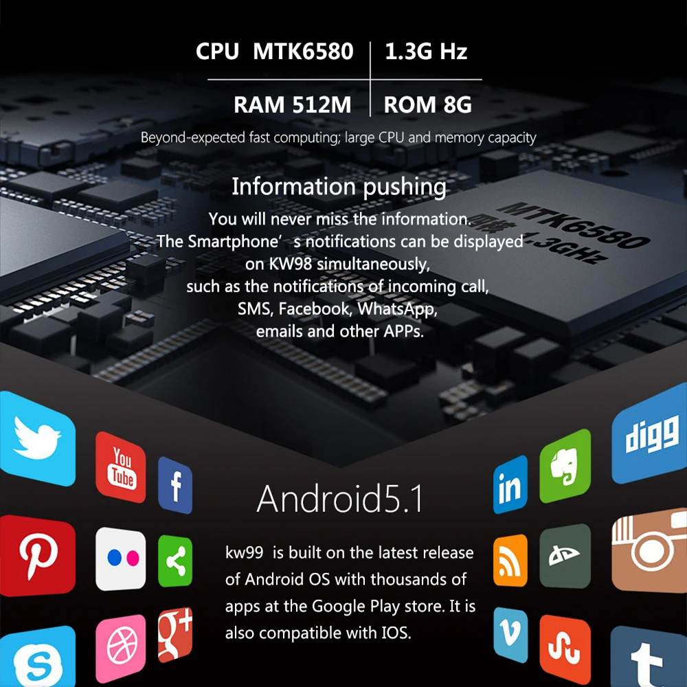 Смарт-часы Beseneur KW99 мужские наручные часы на Android 5 1 MTK6580 512 МБ + 8 Гб поддержка