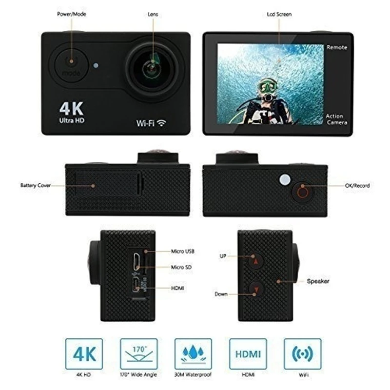 Ultra HD 1080P 30m Водонепроницаемая камера для подводного плавания pro DV видеокамера камера управления телефоном F60R 4K wifi Спортивная камера S