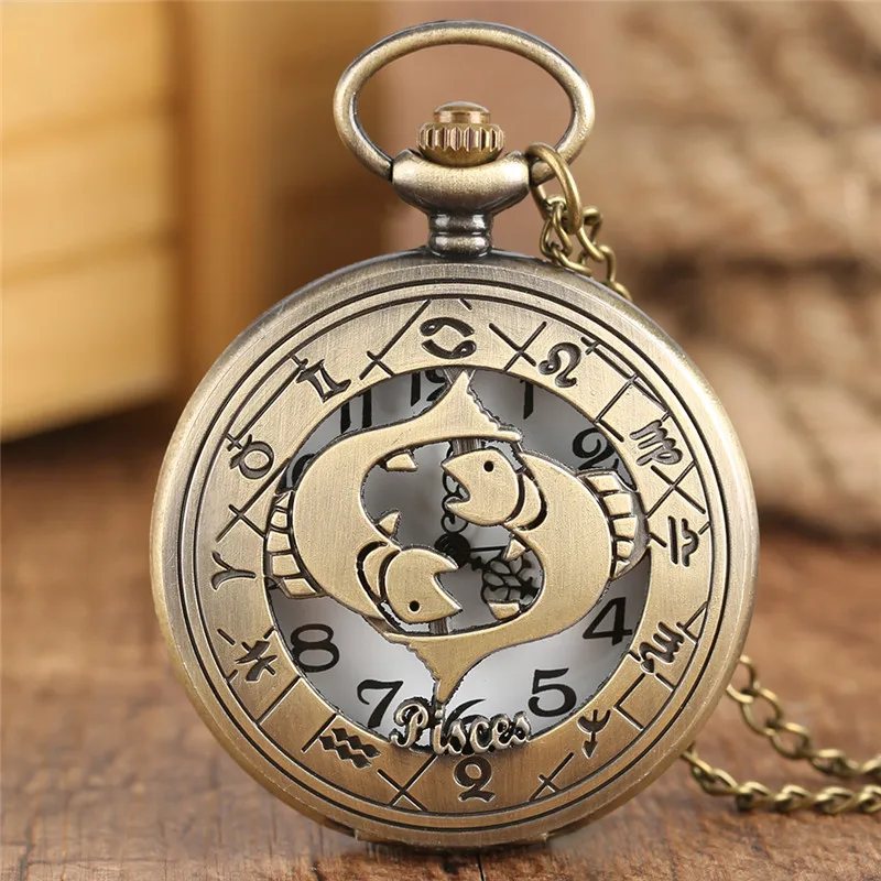 

Bronze Pisces Necklace Children Pocket Watch Twelve Constellations Pendant Chain Quartz Watches Women/ Men Fish Reloj