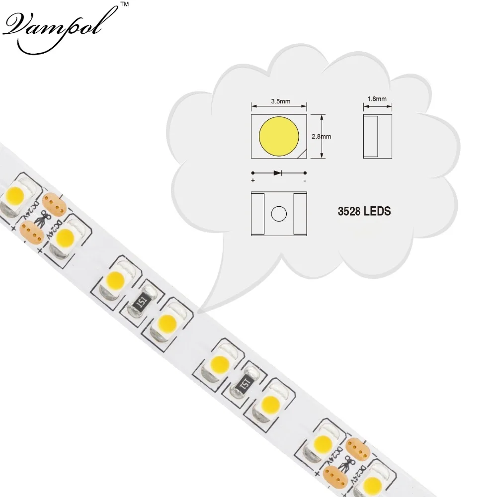 Vampol 5 м/лот 120 светодиодов/m 9,6 Вт/м 12 v/24 v smd 3528 Светодиодные полосы светодиодные фонари для струнных доступны для различных цветов
