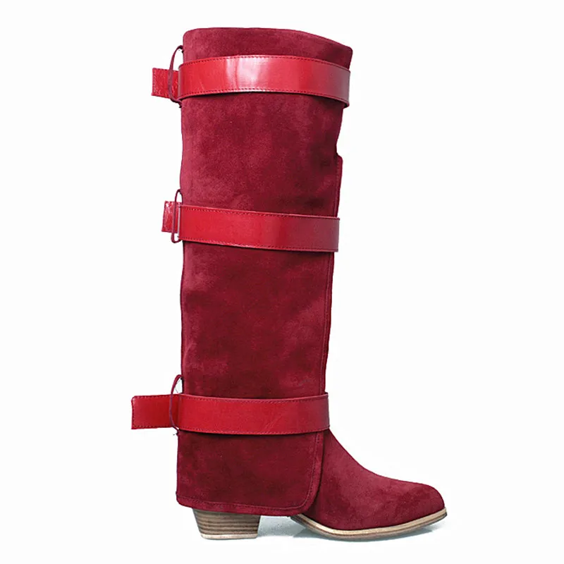 Prova Perfetto Women Knee High Boots Red Suede Female Chunky Heel Straps Autumn Winter Platform Rubber Botas Mujer | Обувь