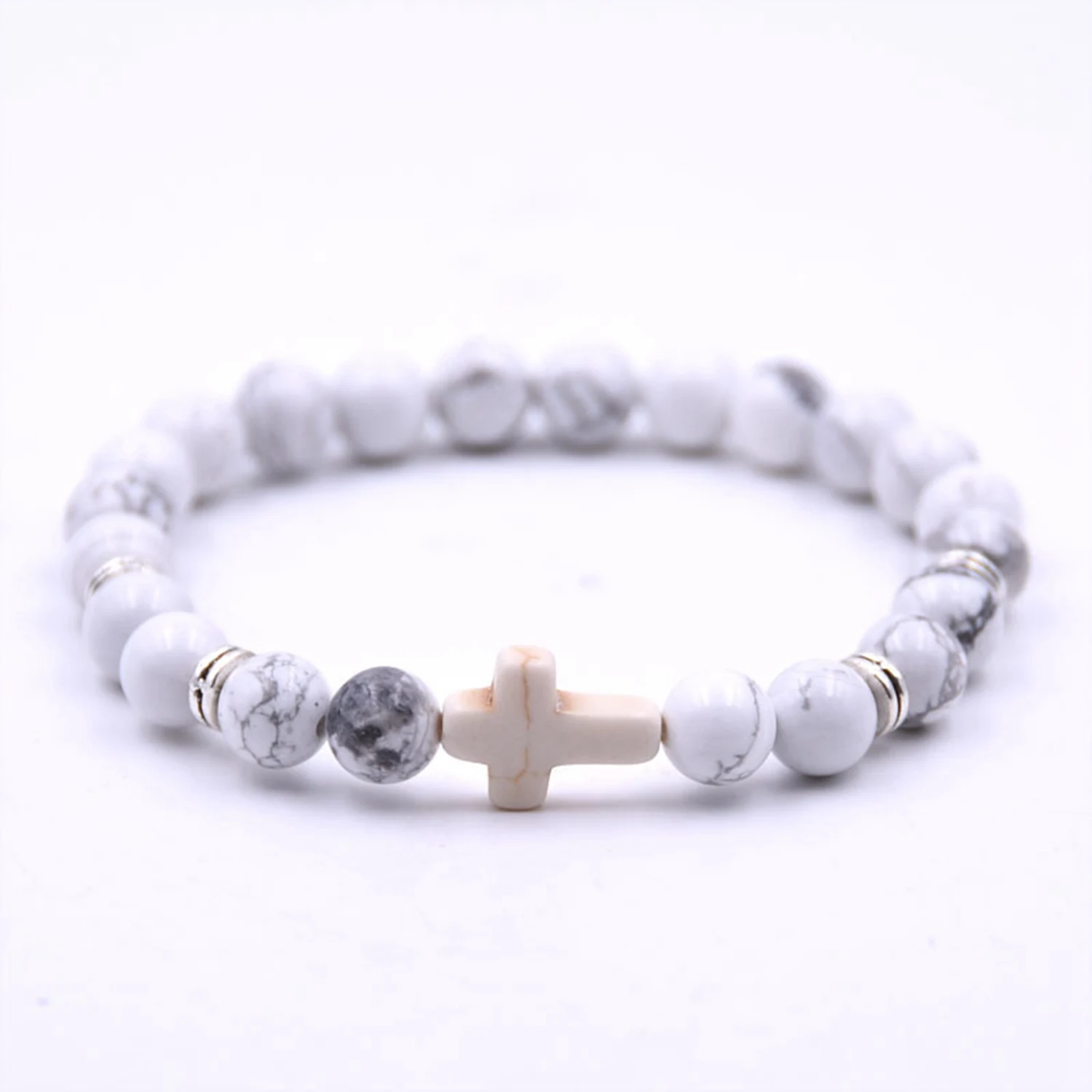 Natural Stone Beaded Cross Charm Beads Elastic Bracelet Red/White/Blue Men Fashion Gift For Women
