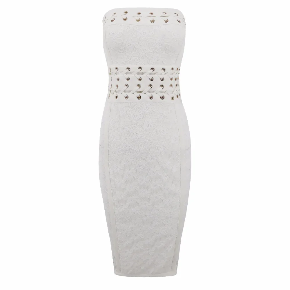 2019 Women Wedding Cocktail Premium Multi Eyelet Strapless Bodycon Hollow Out White Lace Up Side Knee Length Bandage Party Dress | Женская