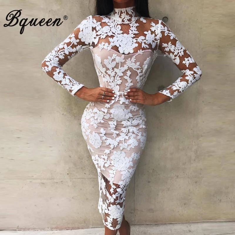 Bqueen 2019 осень Для женщин белое кружевное женское платье с длинным рукавом в стиле