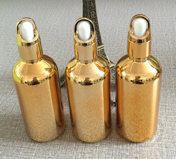 50pieces/lot 100ml High temperature gold plated dropper bottle, empty gold glass 100ml essentical oil dropper bottle wholesale