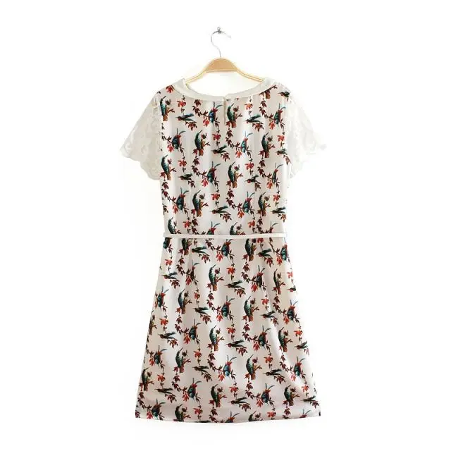 Новые девушки сладкий птицы рисунок кружевное платье с поясом DR1099-A02 | Женская