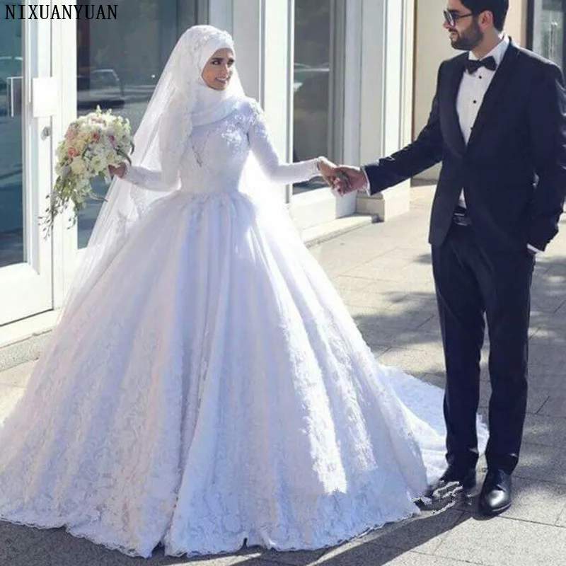 

Saudi Arabia Turkey Muslim Wedding Dresses Long Sleeve Lace Ball Gown Wedding Gown Bridal Dress Vestido De Noiva