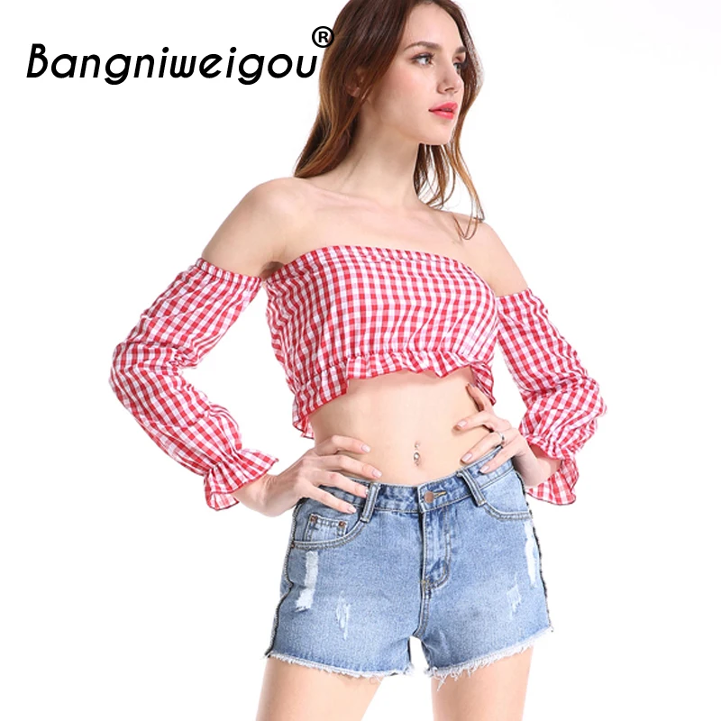 Женский клетчатый Топ бандо Bangniweigou с открытыми плечами короткий топ оборками и