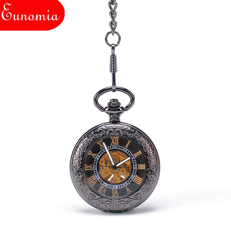Механические карманные часы с автоподзаводом круглые черные винтажные наручные