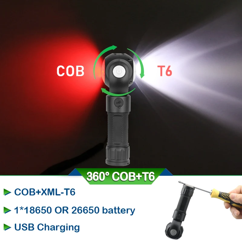 Вращающийся на 360 градусов красный свет белый COB t6 охотничий светодиодный фонарик