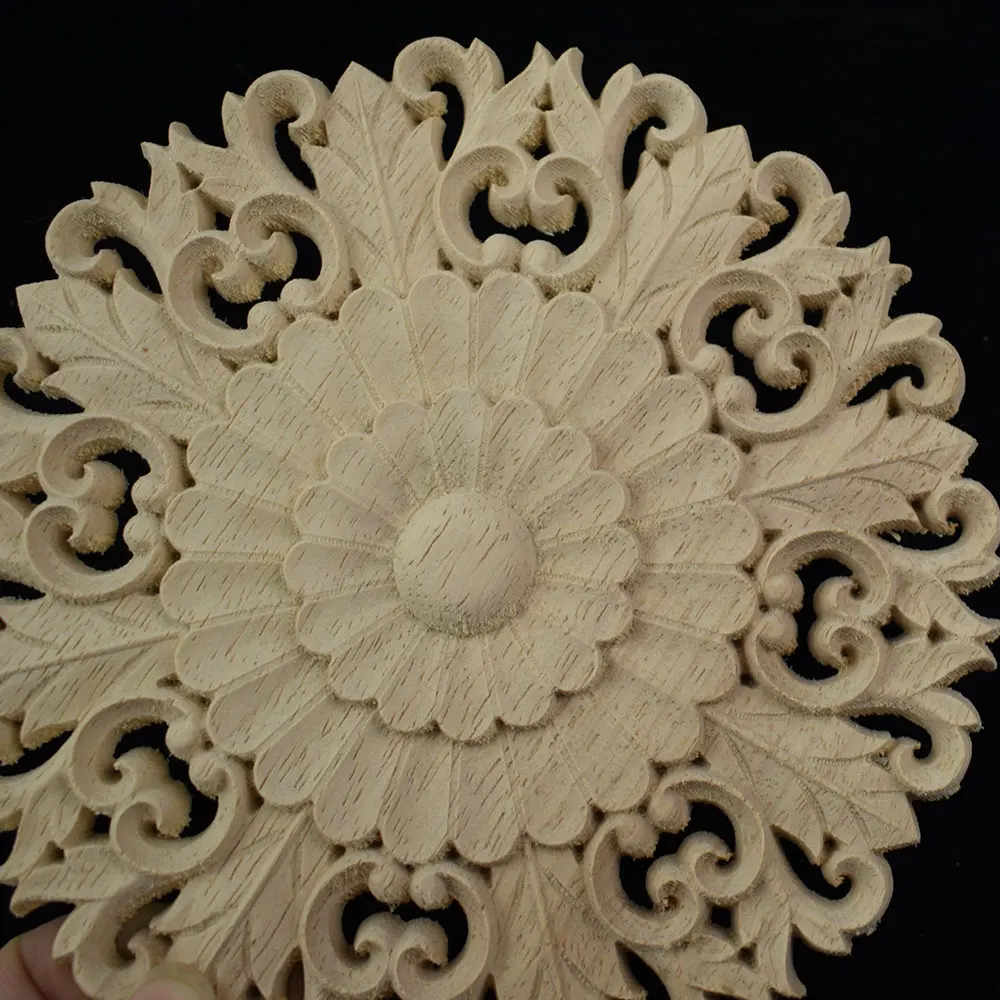 Vintage Flower Pattern Wood Carved Unpainted Oak Round Onlay Applique Plaques Furniture Home Decor | Дом и сад