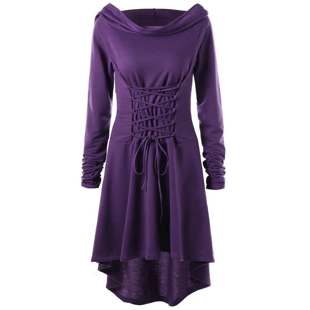 Wipalo Women Autumn Fashion Army Green Gothic Dresses Lace Up Hooded Irregular High Low Dress Bandage Back Vestidos Costume Robe|Женские