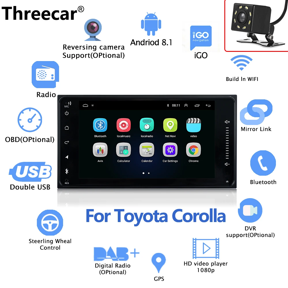 2 DIN Универсальный Android 8,0 автомобильный dvd-плеер с gps-навигация, радио, стерео для Toyota Corolla авто радио мультимедиа 1024*600