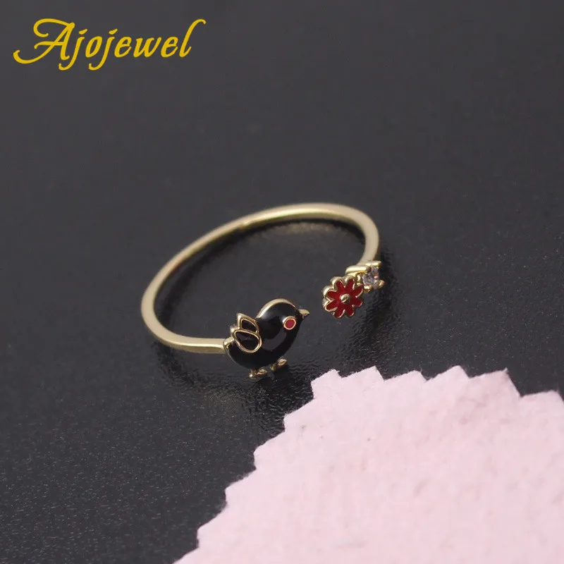 Роскошное красное цветочное кольцо Ajojewel из черной эмали и птицы регулируемые
