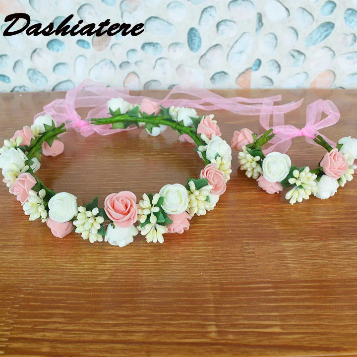 

Bridal Hair Garland Ivory Pink Foam Rose Bridesmaid Flower Crown Wrist Corsage Flowers Birthday Party Girls Children Headwear
