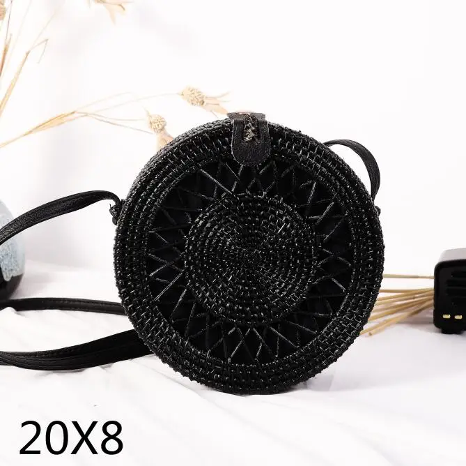 blackyuwang20x8 Новые черные круглые сумки из ротанга для женщин, богемная пляжная сумка-Кроссбоди, соломенная ручная работа, тканая круглая сумка на плечо, женские сумки - Цвет: blackyuwang20x8