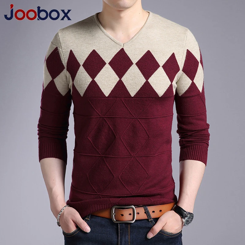 JOOBOX 2018 свитер Для мужчин осень зима Slim Fit пуловеры ромбовидным рисунком v образным