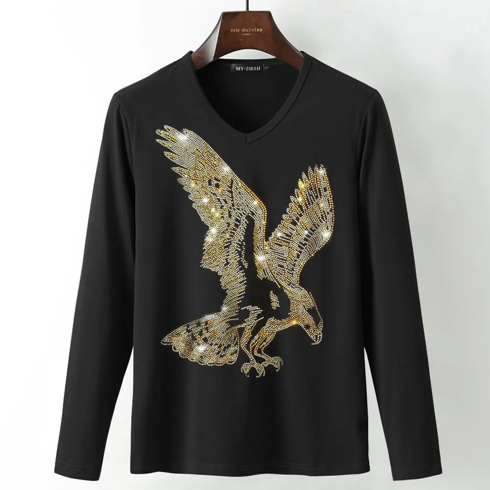 Корона пчелы рубашка Crewneck Футболка Горячая фиксация Стразы с принтом пчелы футболки мужские веганские кристалл алмаз футболка большого размера 5XL - Цвет: T006-V-Black