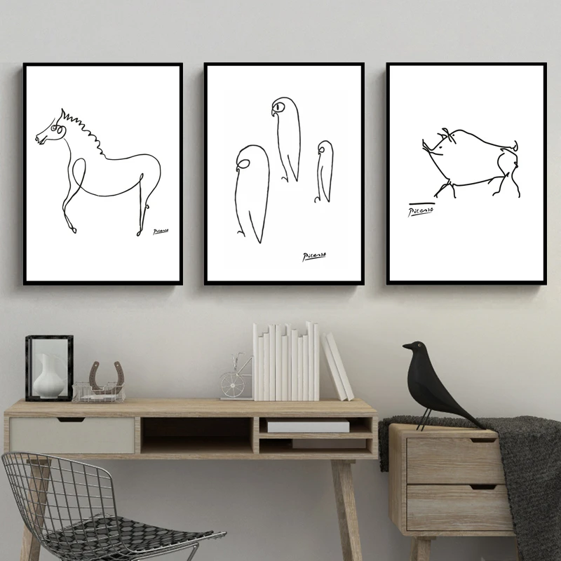 

Abstract Black And White Line Drawing Animals Pig Horse Penguin Sketches Poster Canvas Painting Wall Picture Home Room Decoratio