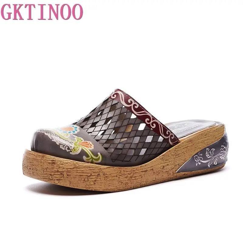 GKTINOO Genuine Leather Shoes Hollow Slippers Handmade Slides Flip Flop On The Platform Clogs For Women Woman Plus Size | Обувь