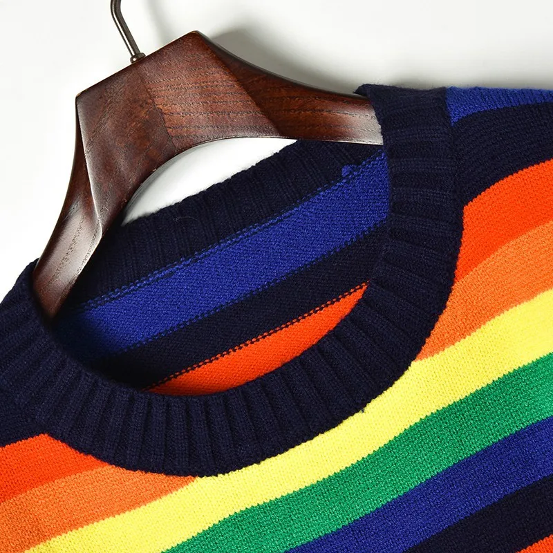 Loose Rainbow Striped Sweater 2018 Autumn Winter Contrast Colors Oversized Sweaters Womens O-neck Knitted Pullovers Top | Женская одежда