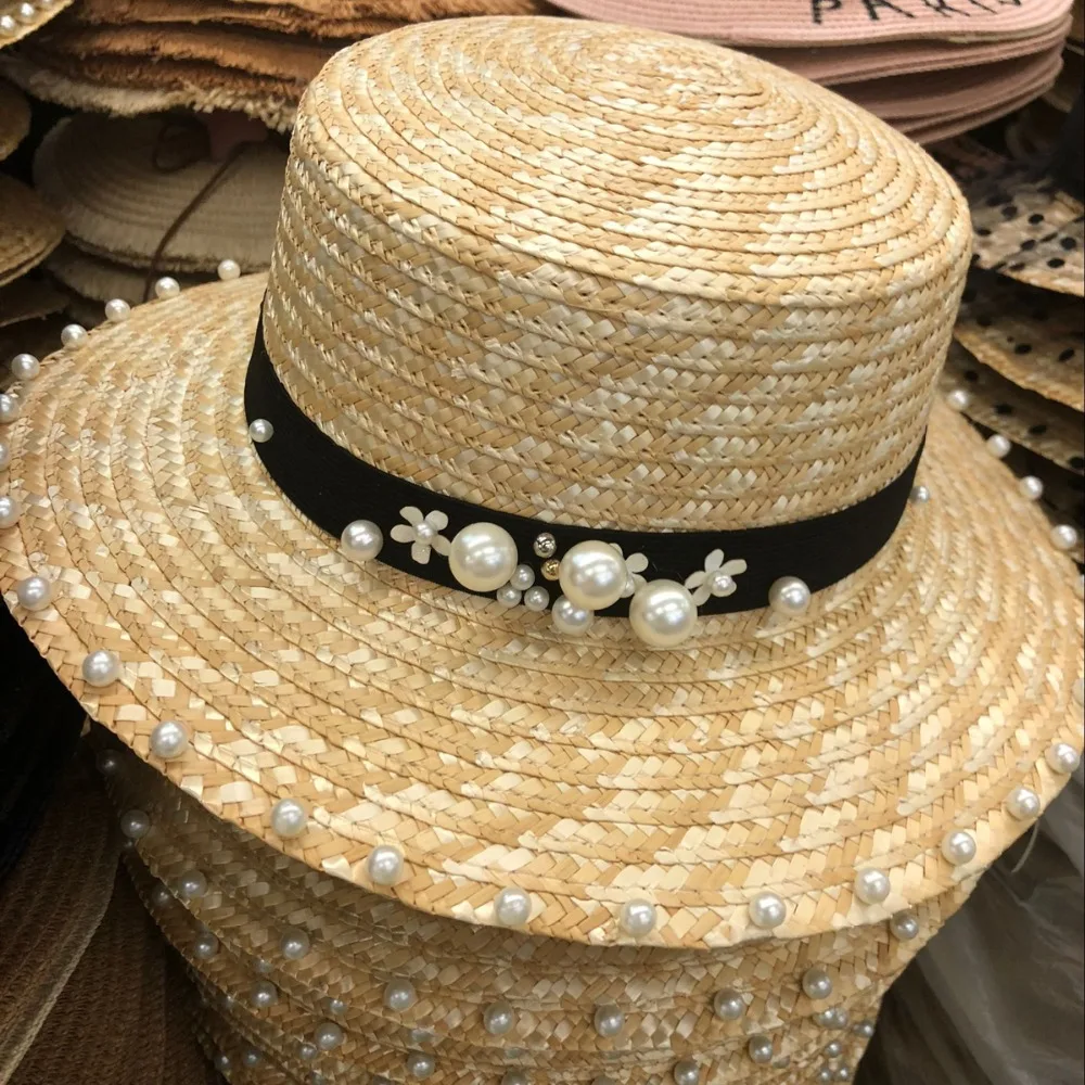 Wide Brim Pearls Straw Hat For Women Flat Top Summer Sun Hats Wheat Ladies beige Girl Beach Chapeu Feminino | Аксессуары для