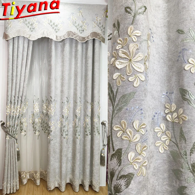 

Luxury Embossed Embroidery Tulle Curtains for Living Room Jasmine Flower Pattern Tulle Curtains Grey Blackout Curtains HM032#RX