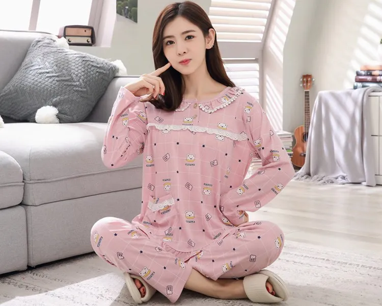 Весенне-осенние пижамные комплекты размера плюс из хлопка для женщин, пижама с длинным рукавом и принтом, домашняя пижама, женская одежда