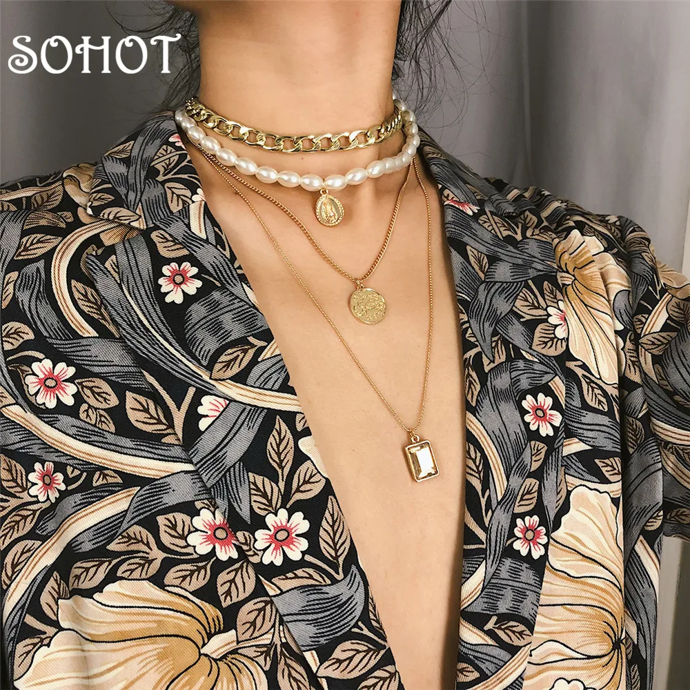 SOHOT брендовые романтические Многослойные женские ожерелья с подвесками широкие