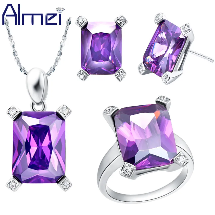 Almei Ювелирные Наборы Серебро Цвет Циркон Bijoux Черепаха Фиолетовый Камни Кристалл