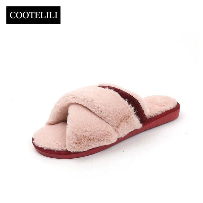 COOTELILI Women Plush House Slippers with Soft Fur Fashion Winter Warm Shoes Woman Slip on Flats Female Slides Black Pink 41
